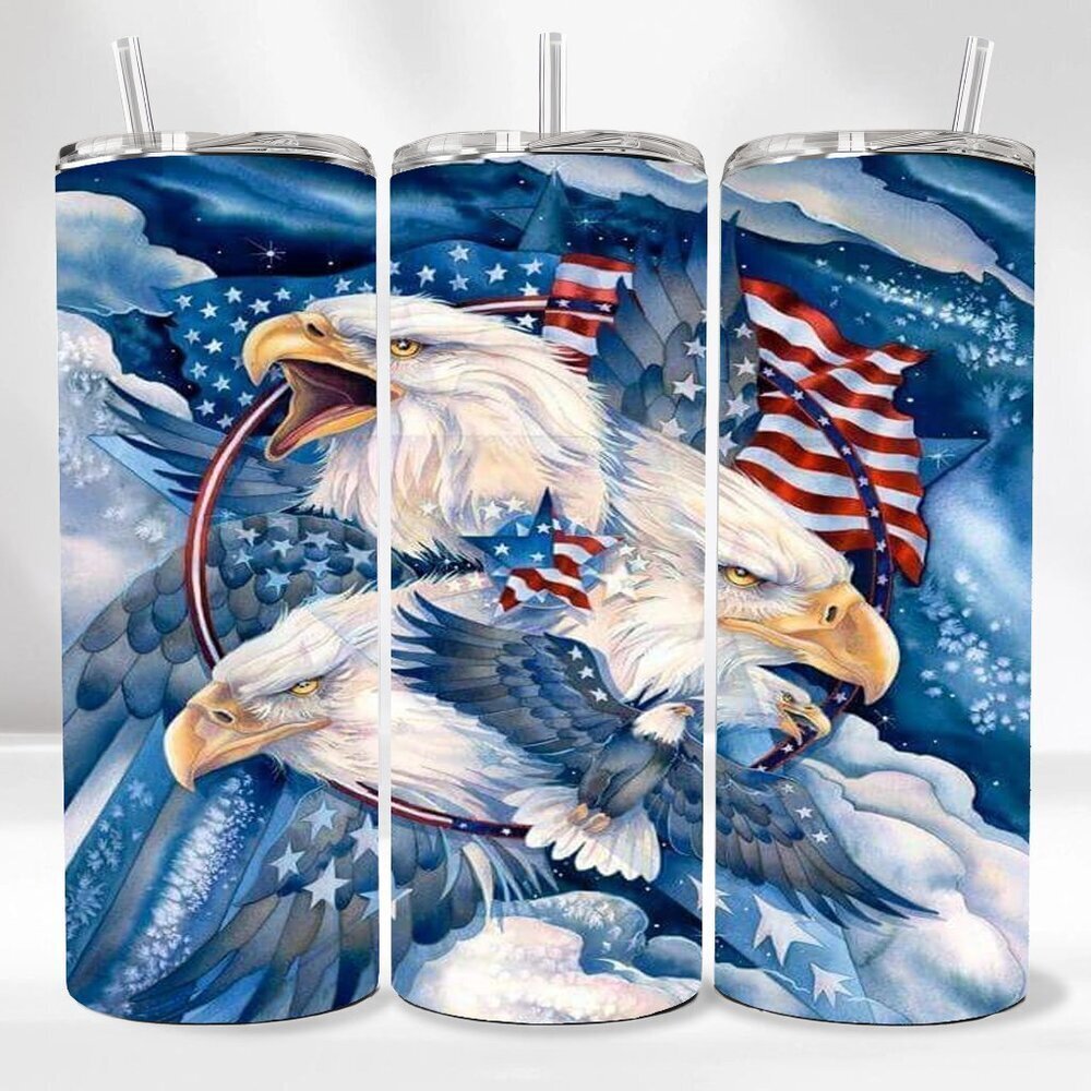 NEW American Flag Eagle Patriotic 20oz Skinny Tumbler With Lid Reusable Straw